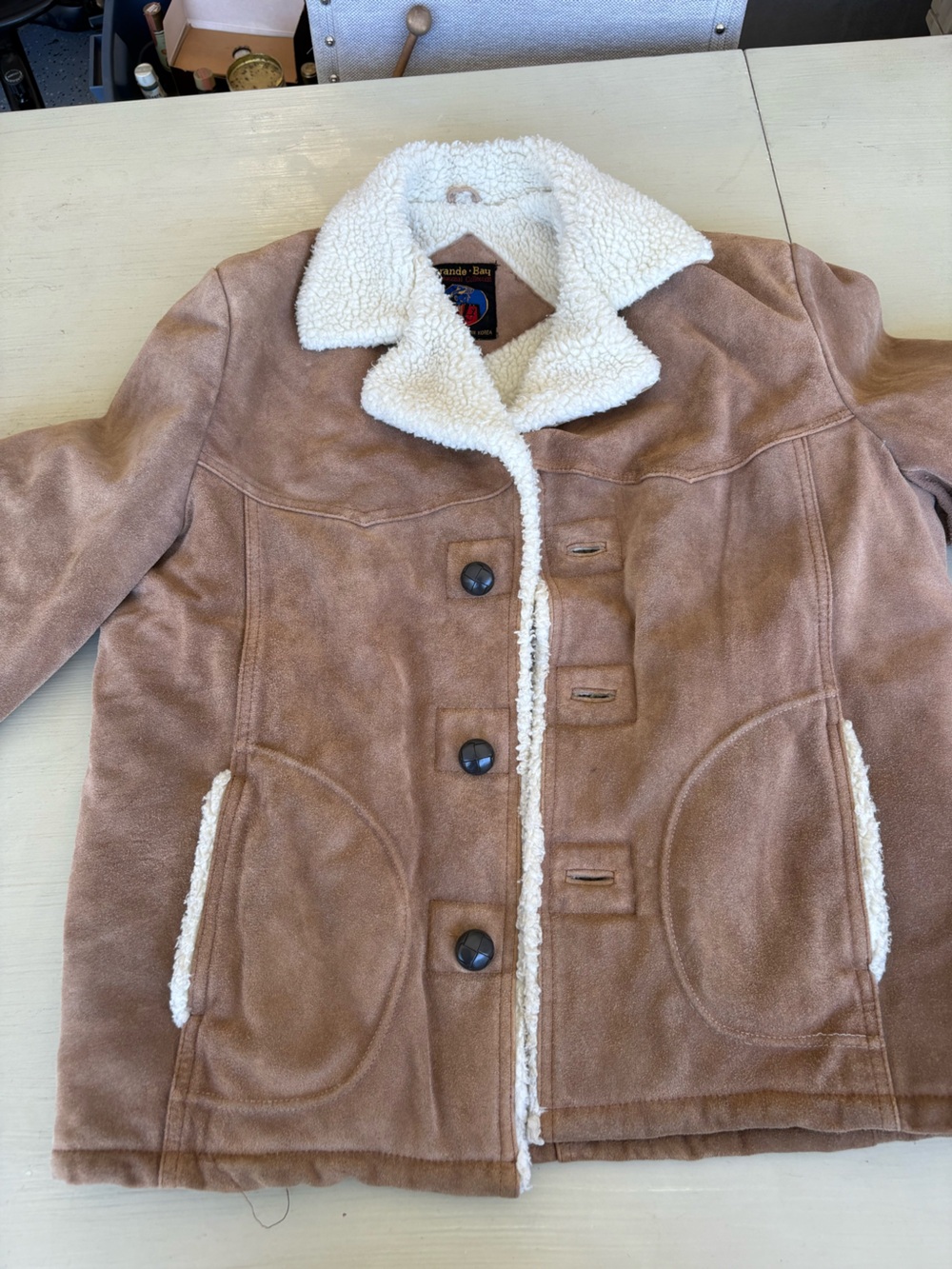 Women’s Suede Sherpa Jacket - Light Brown with Cream Trim